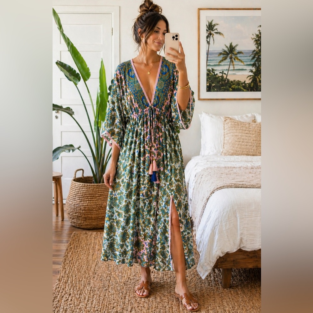 100% Silk Boho Kimono Maxi Dress Pink Green Teal Paisley Tassel Tie Resort Wear